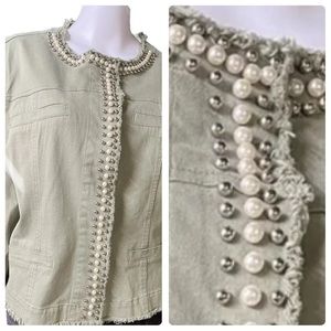 Women’s Green Jacket Stretchy L XL Pearls Studs Beaded Frayed Arianna By Howards